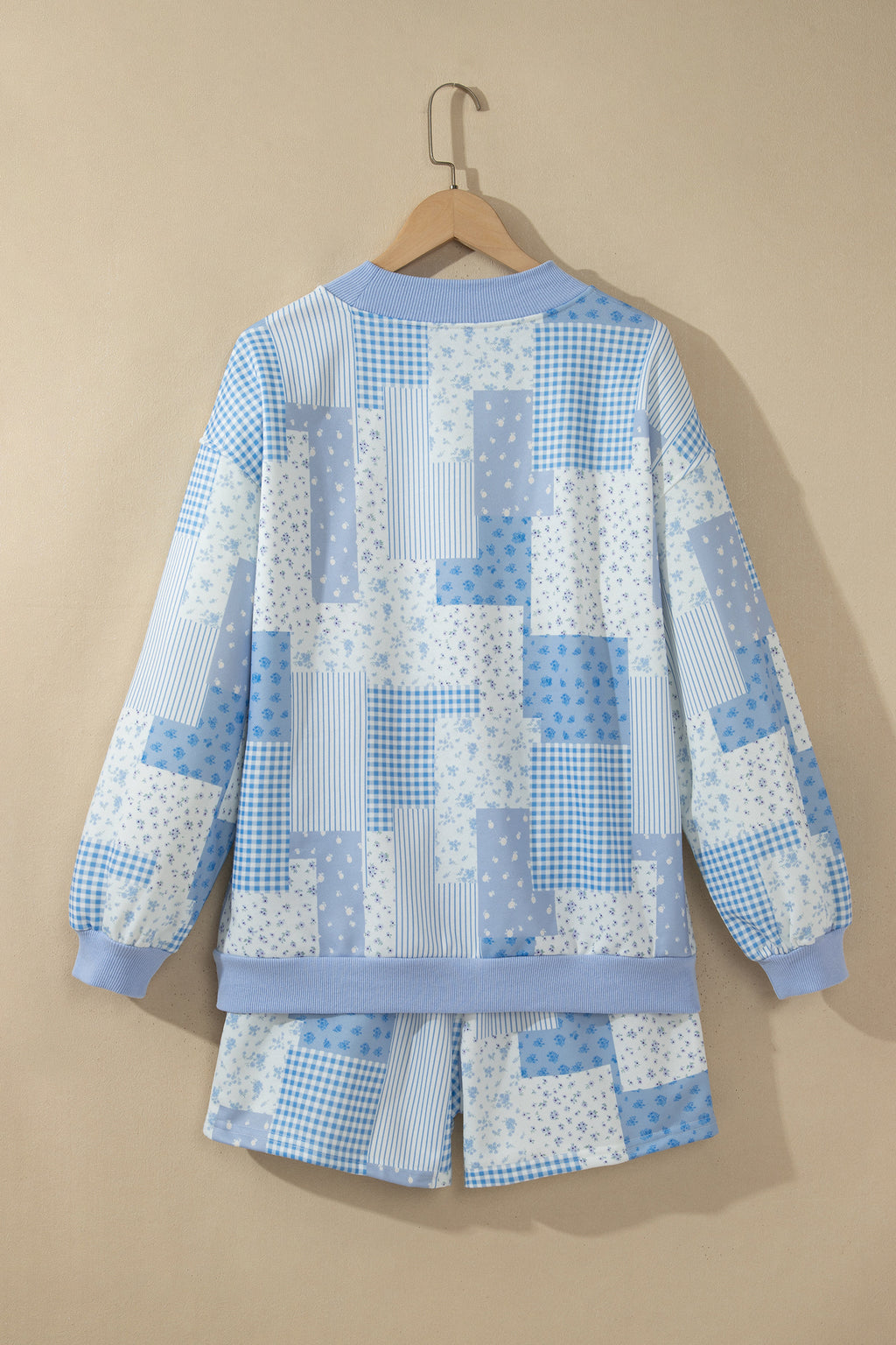 Sky Blue Patchwork Floral Print Drop Shoulder Baggy Pullover Drawstring Shorts Set