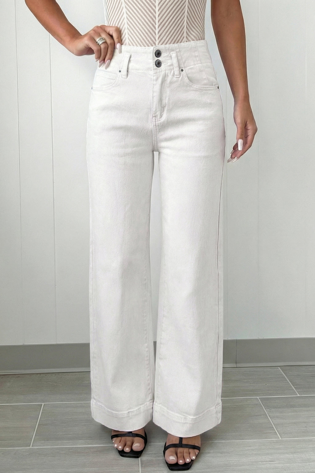 Mist Green 2-Button High Waist Wide Leg Jeans