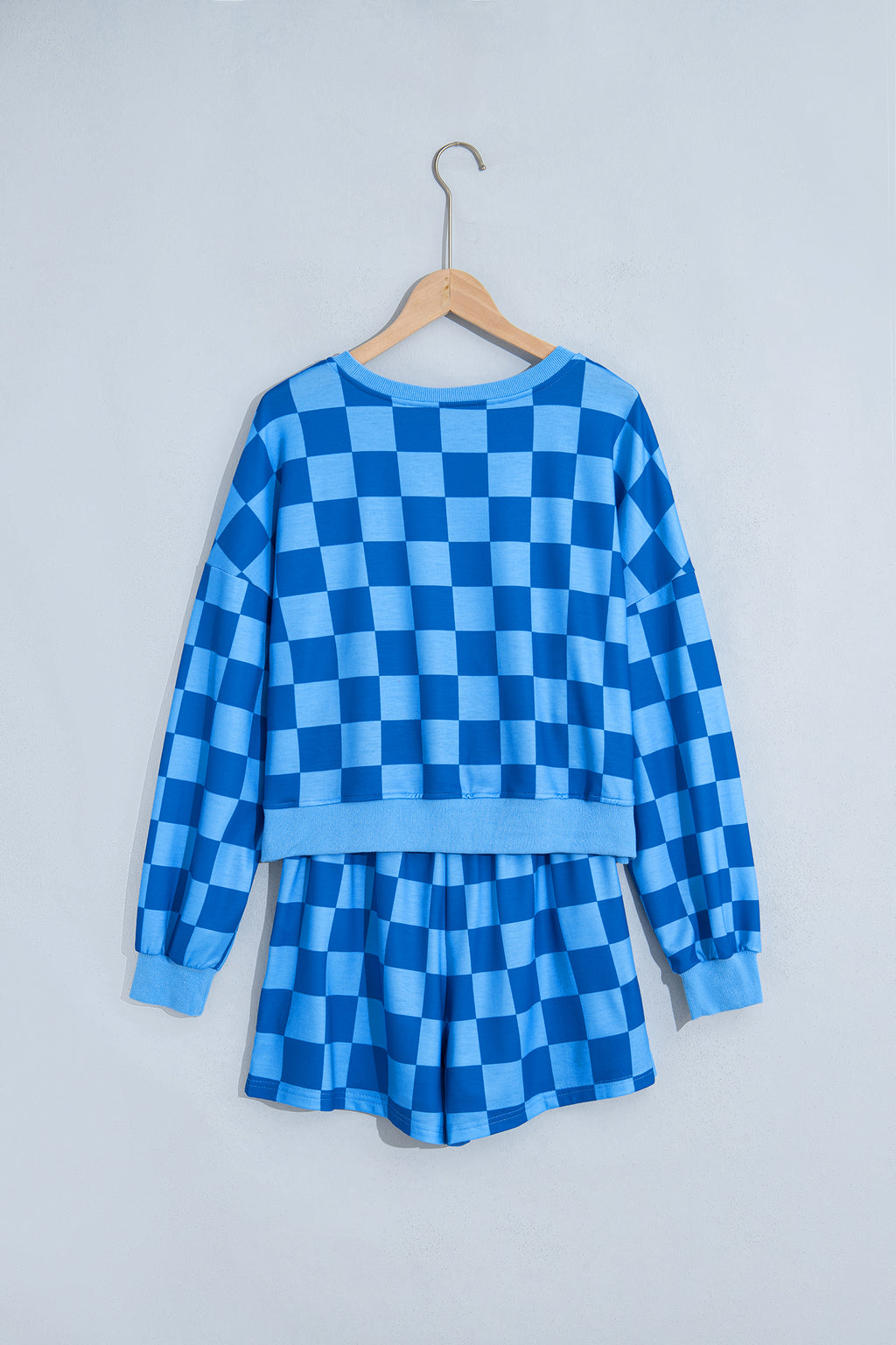 Pink Plaid Checkered Long Sleeve Crop Top Elastic Waist Shorts Two Piece Set