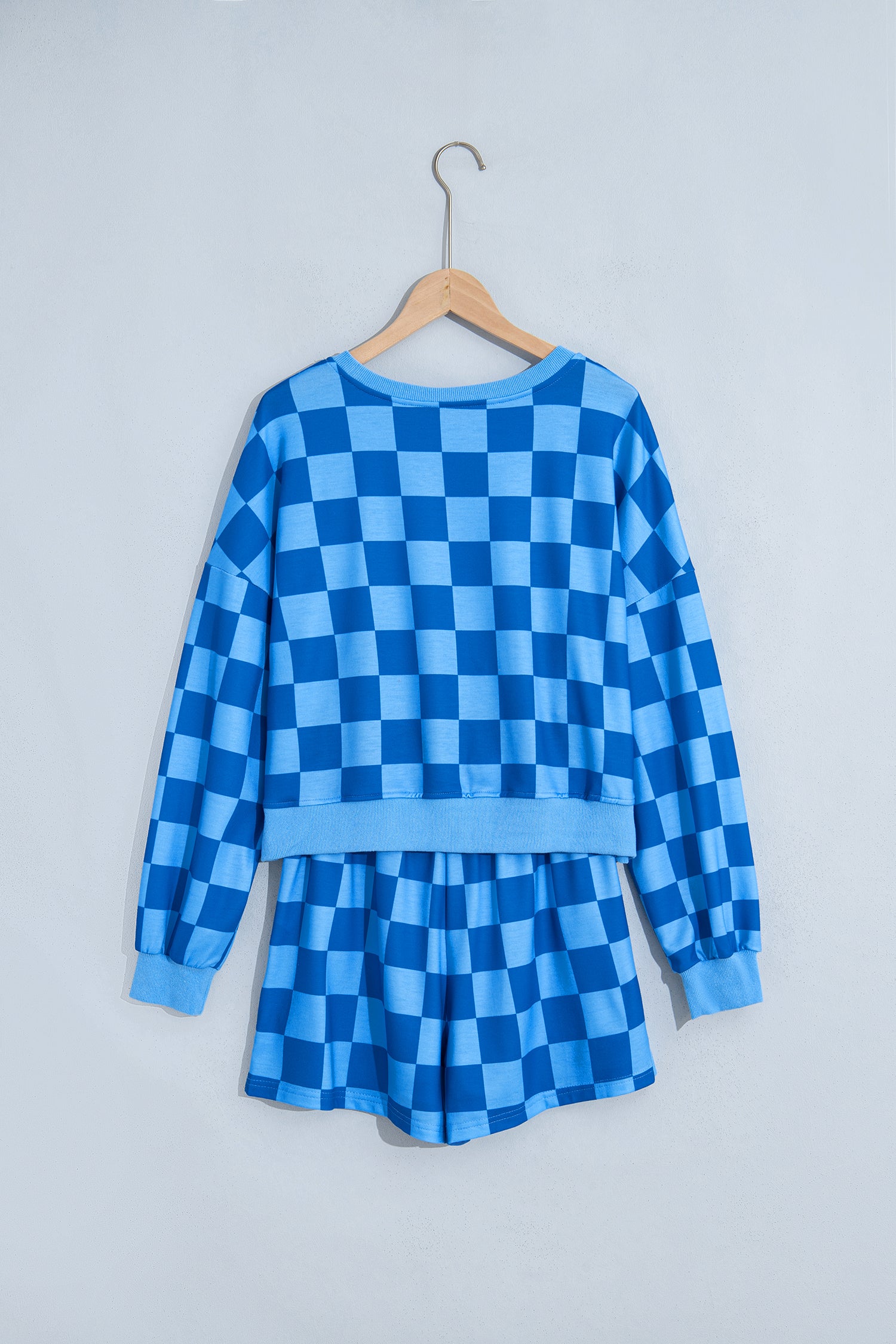 Pink Plaid Checkered Long Sleeve Crop Top Elastic Waist Shorts Two Piece Set