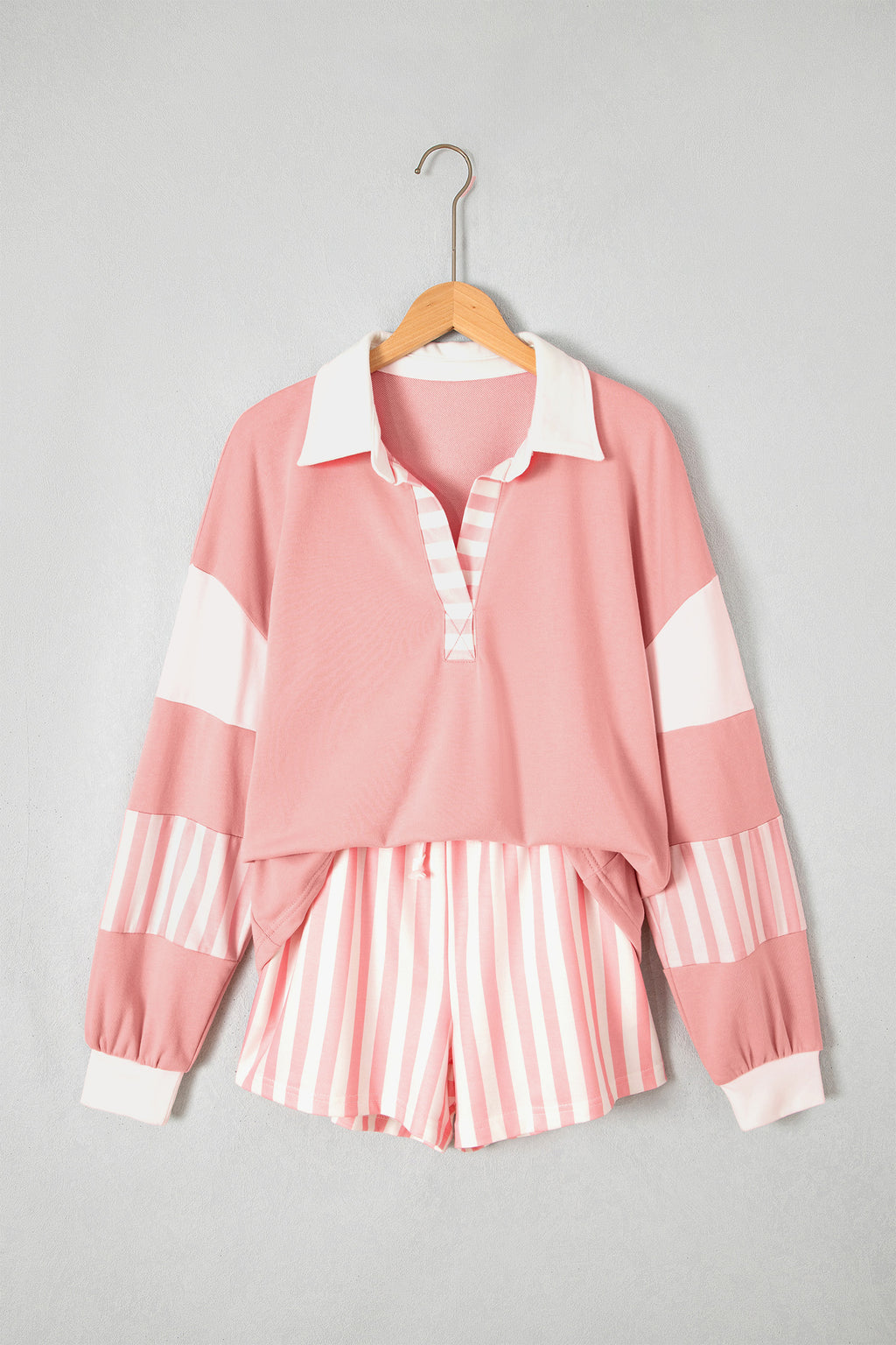 Smoke Green Striped Color Block Pullover Top Drawstring Shorts Set