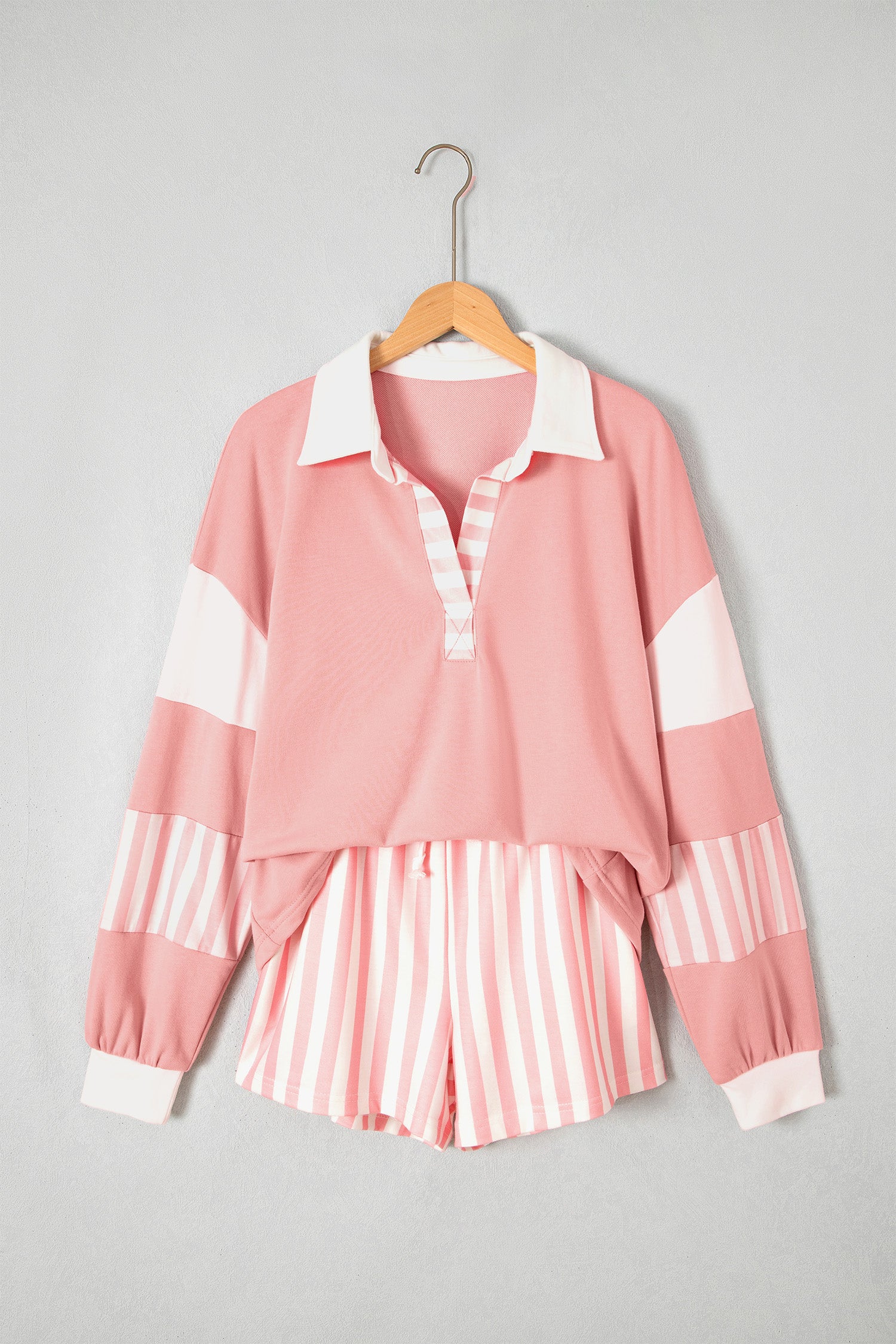 Smoke Green Striped Color Block Pullover Top Drawstring Shorts Set