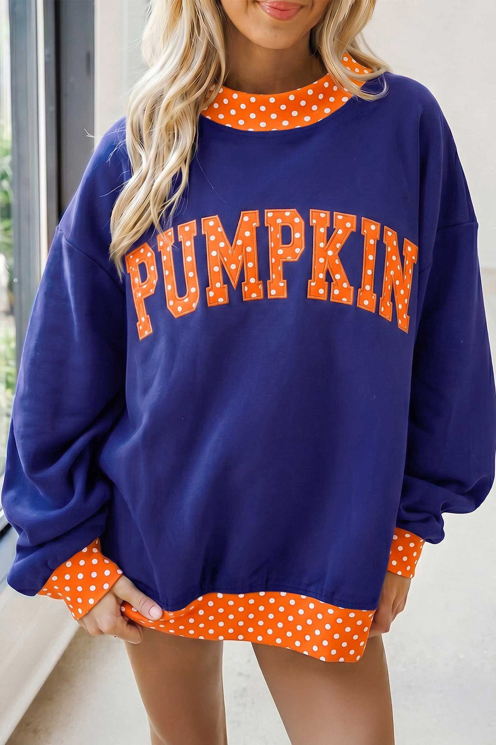 Grapefruit Orange Polka Dot Letter Print Contrast Trim Mock Neck Sweatshirt