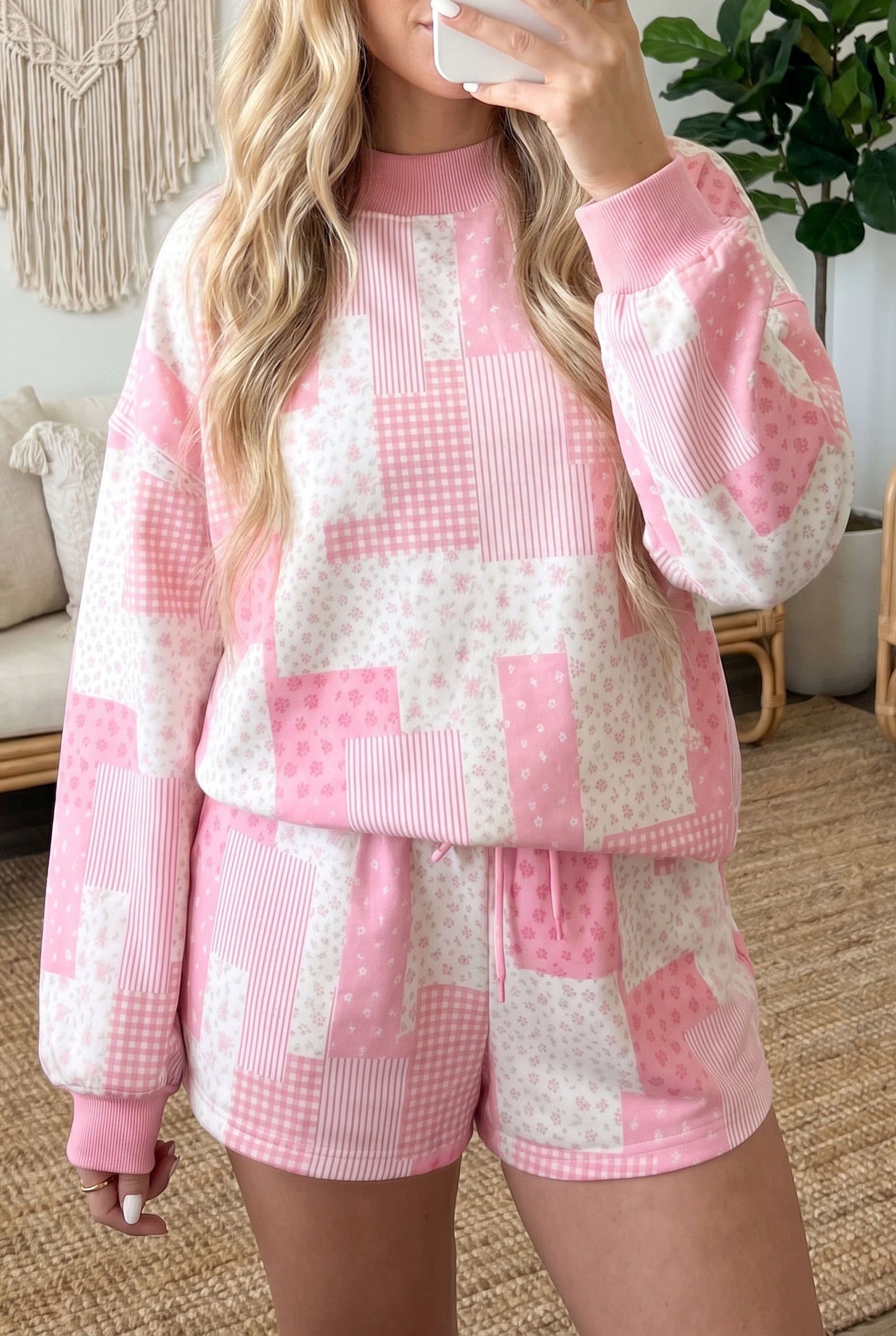 Sky Blue Patchwork Floral Print Drop Shoulder Baggy Pullover Drawstring Shorts Set