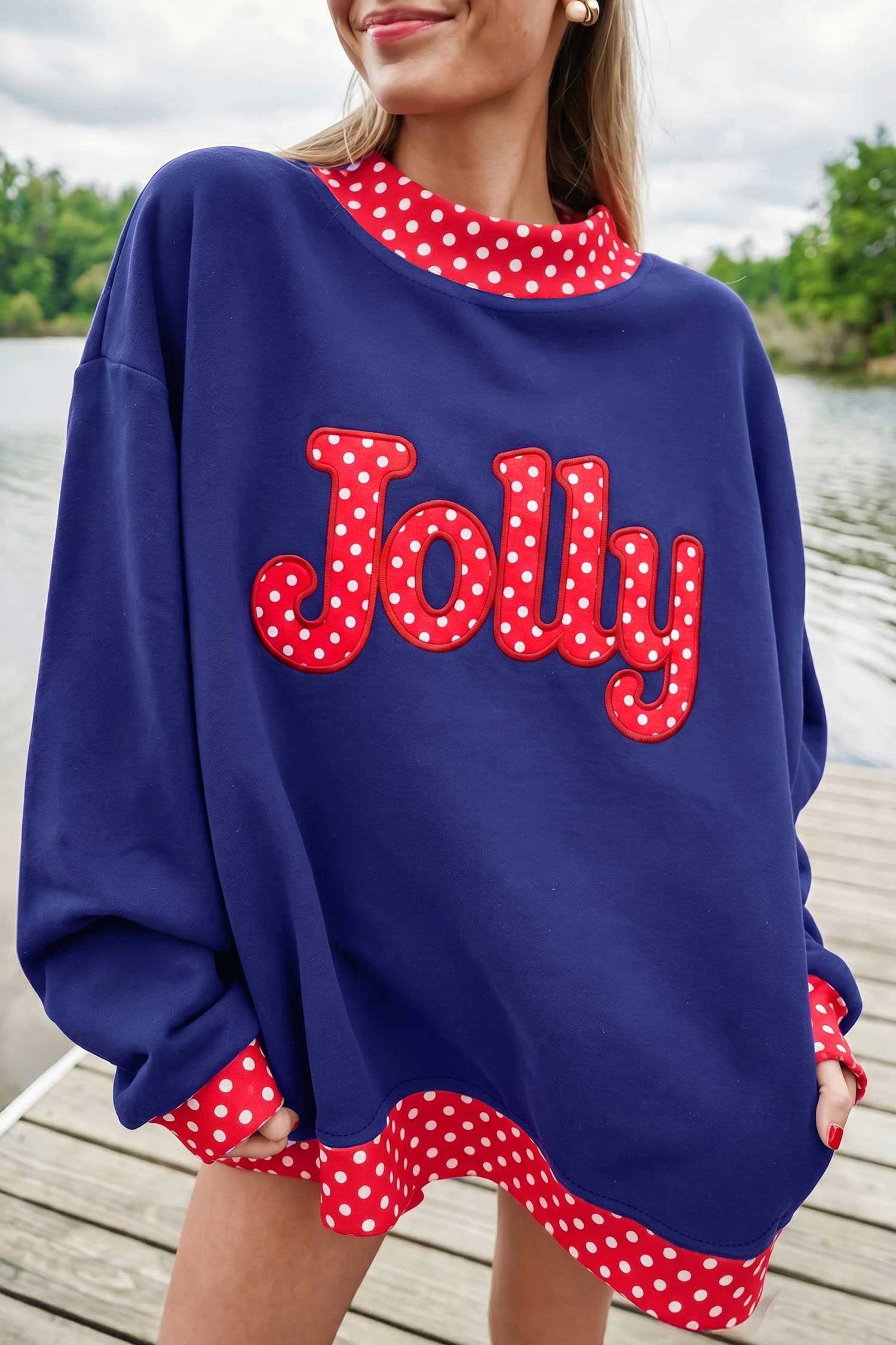 Grapefruit Orange Polka Dot Letter Print Contrast Trim Mock Neck Sweatshirt