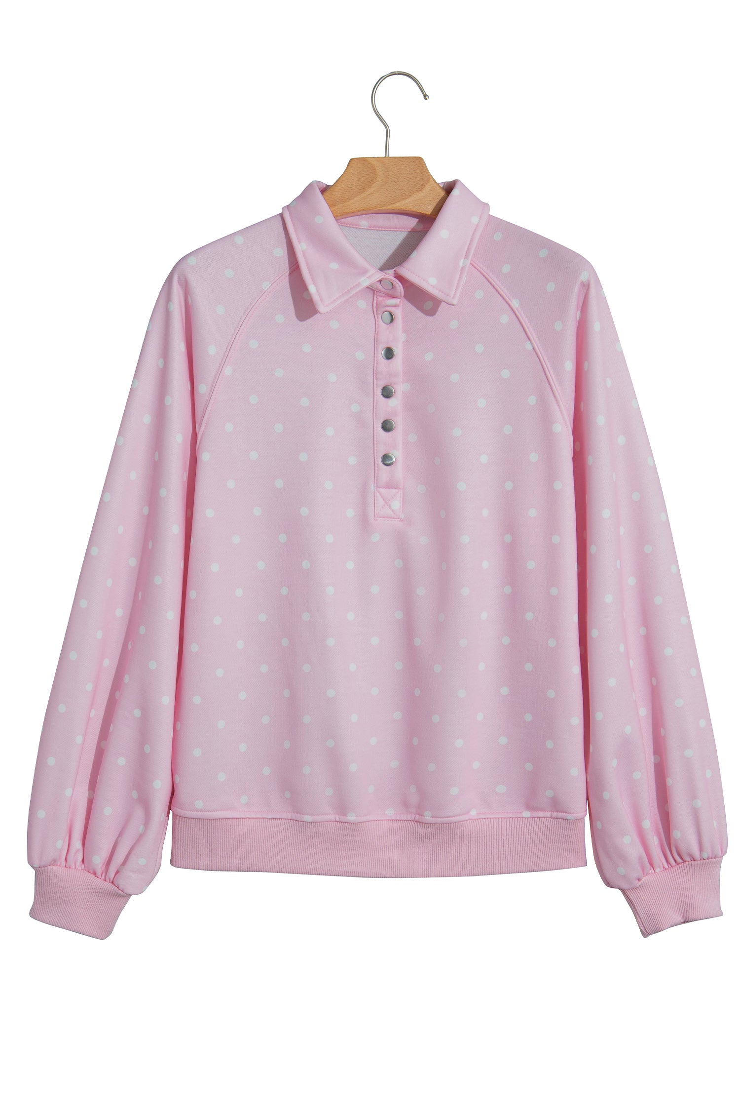Brown Polka Dot Print Metal Button Collar Casual Pullover Sweatshirt
