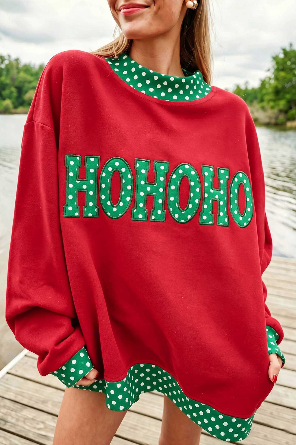 Grapefruit Orange Polka Dot Letter Print Contrast Trim Mock Neck Sweatshirt