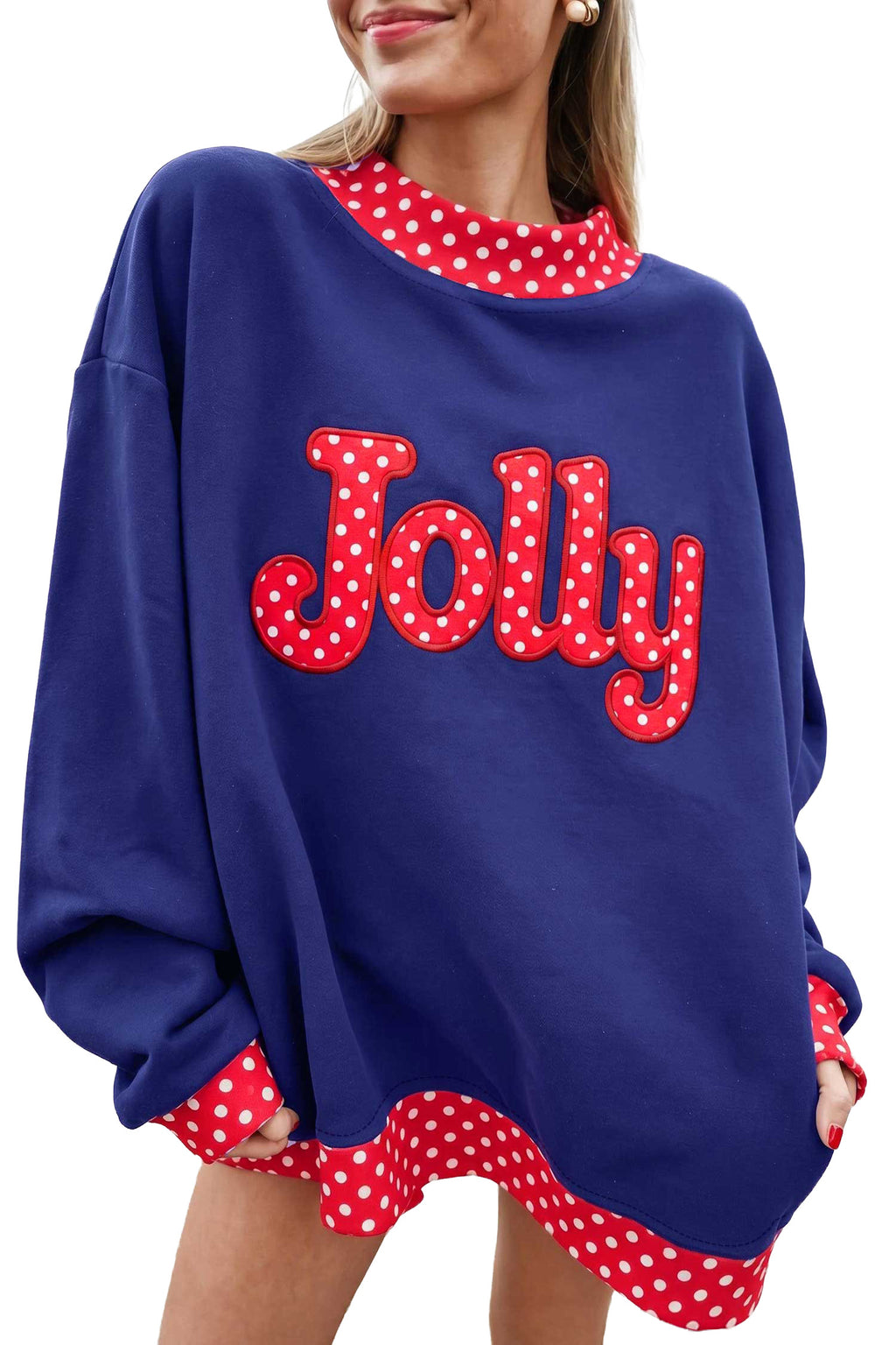 Grapefruit Orange Polka Dot Letter Print Contrast Trim Mock Neck Sweatshirt