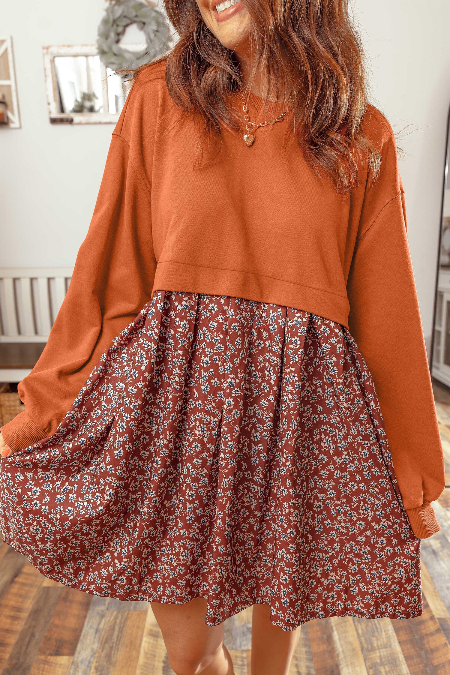 Orange Solid Long Sleeve Top Patchwork Floral Flared 2-in-1 Mini Dress
