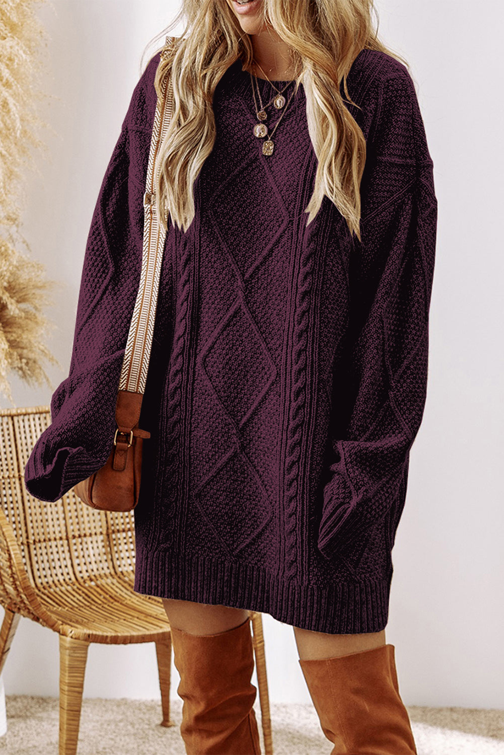 Coffee Cable Knit Drop Shoulder Loose Fit Sweater Dress
