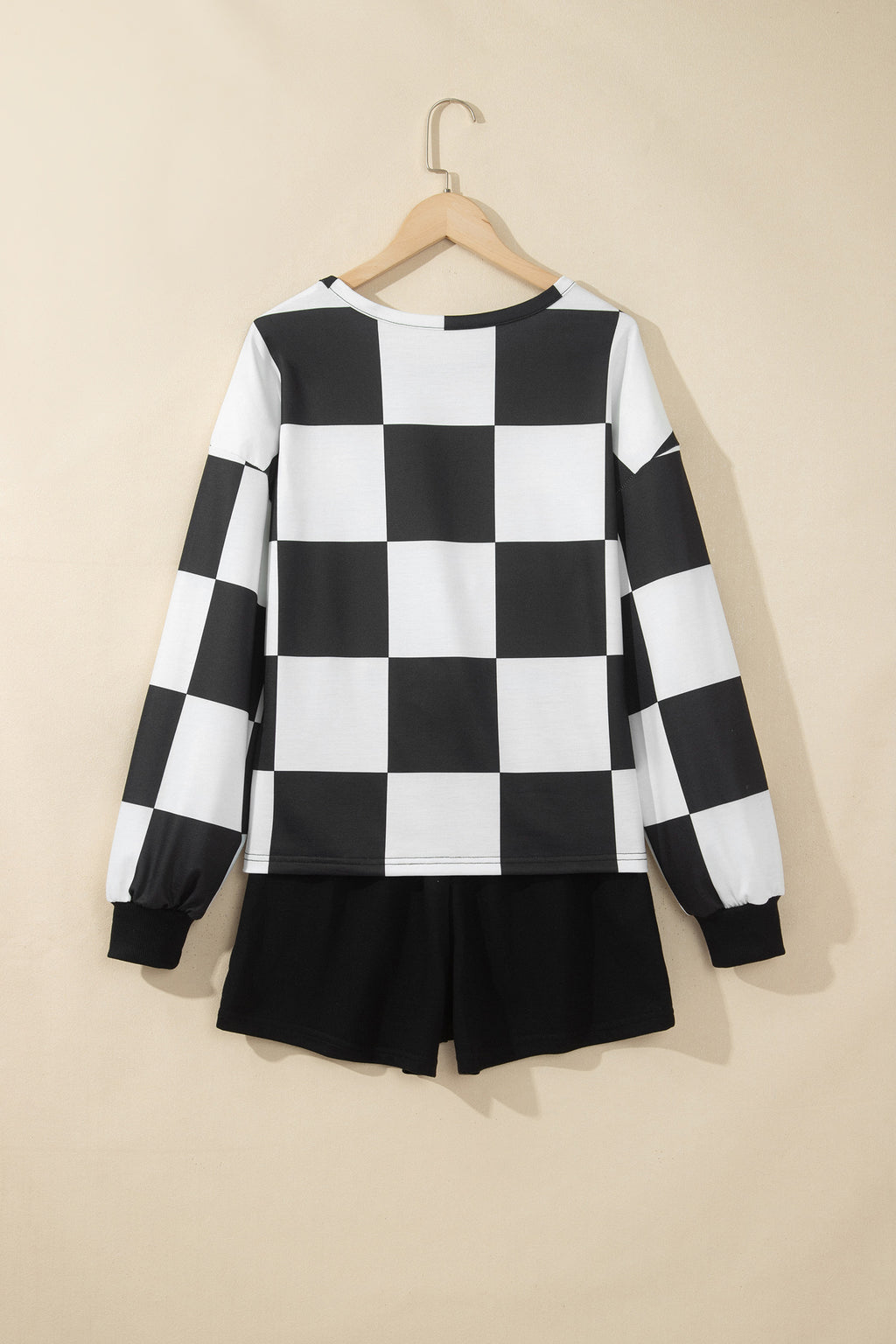 Khaki Checkerboard Plaid Long Sleeve Solid Color Shorts 2pcs Set