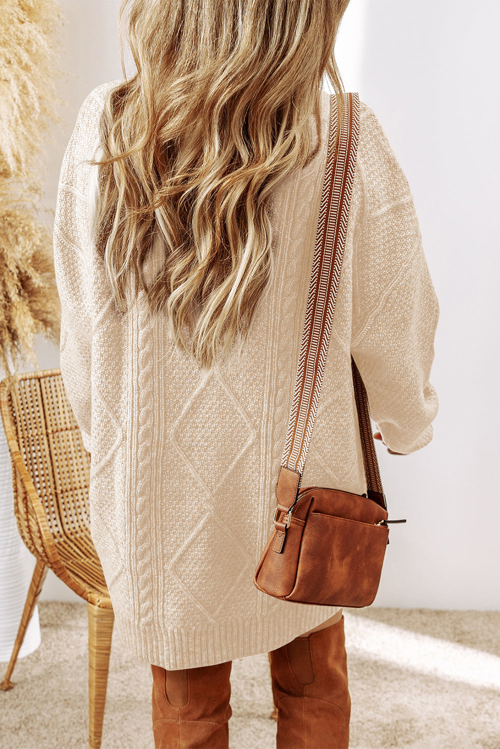 Coffee Cable Knit Drop Shoulder Loose Fit Sweater Dress