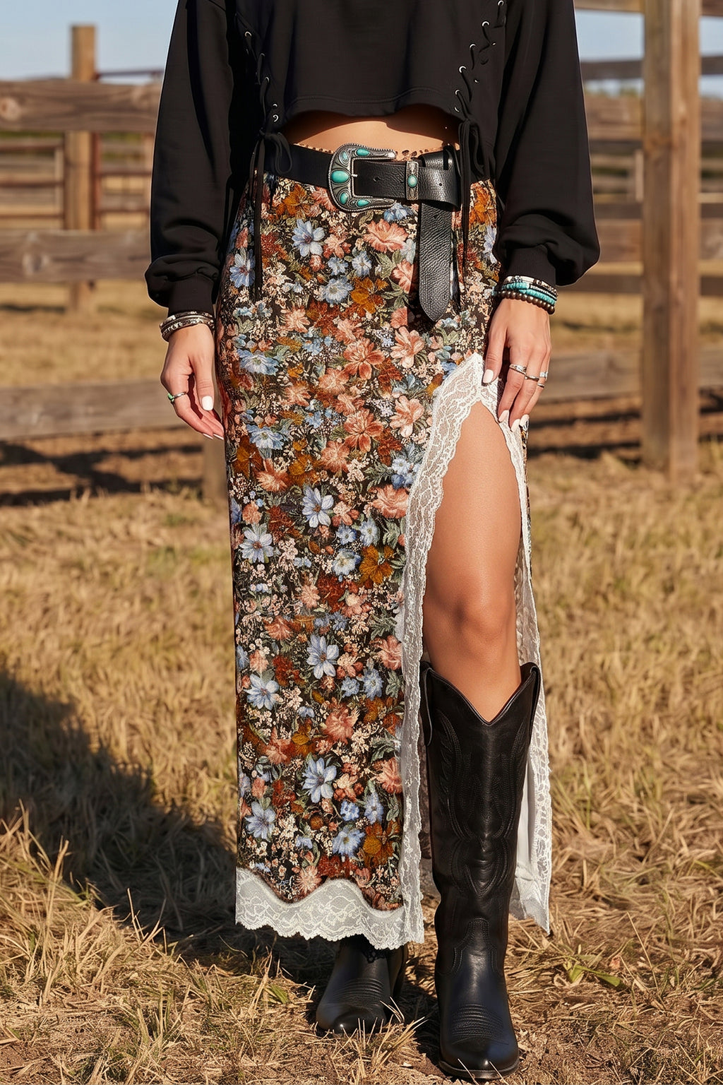 Brown Cheetah Print Trim Split Long Western Skirt