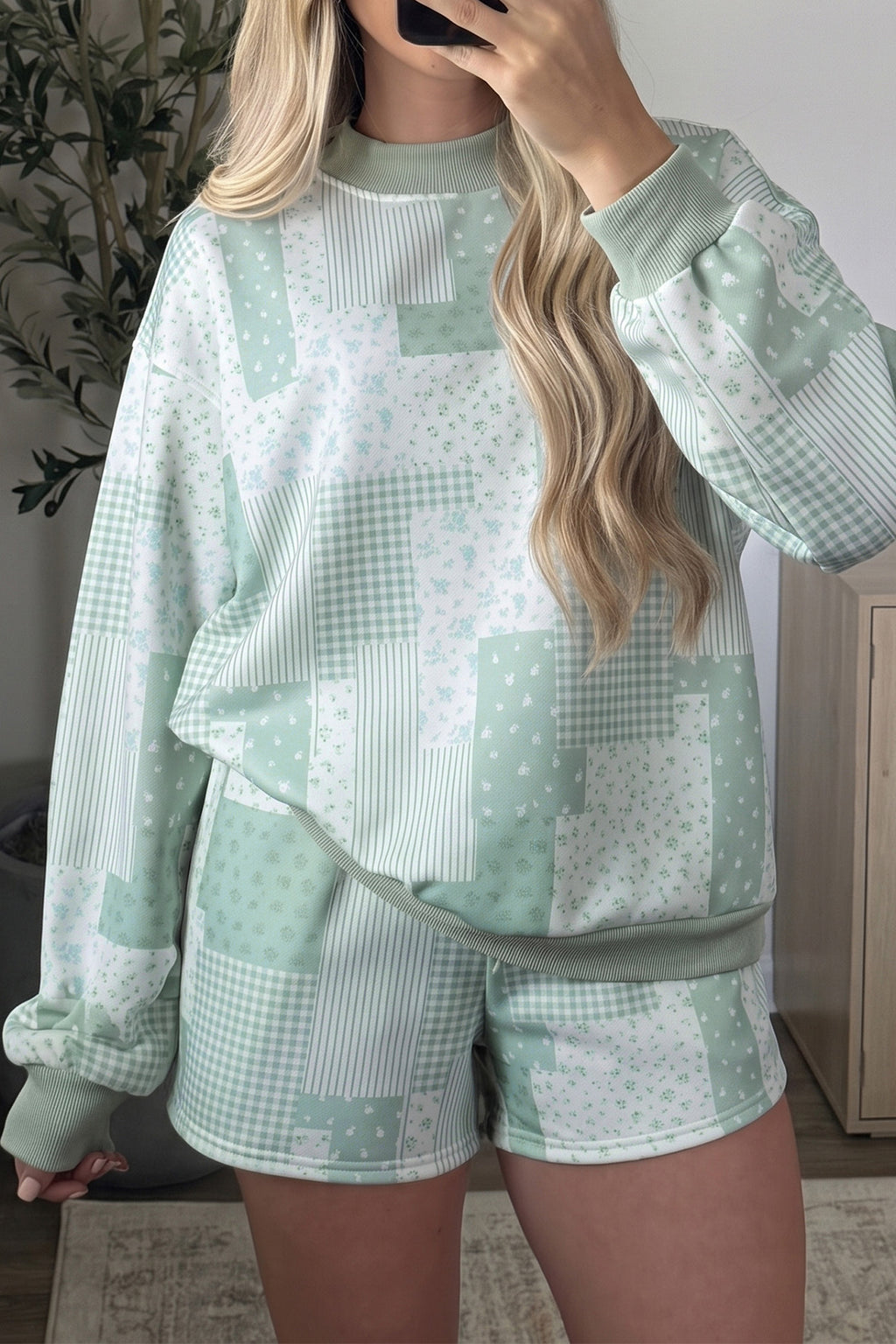 Sky Blue Patchwork Floral Print Drop Shoulder Baggy Pullover Drawstring Shorts Set