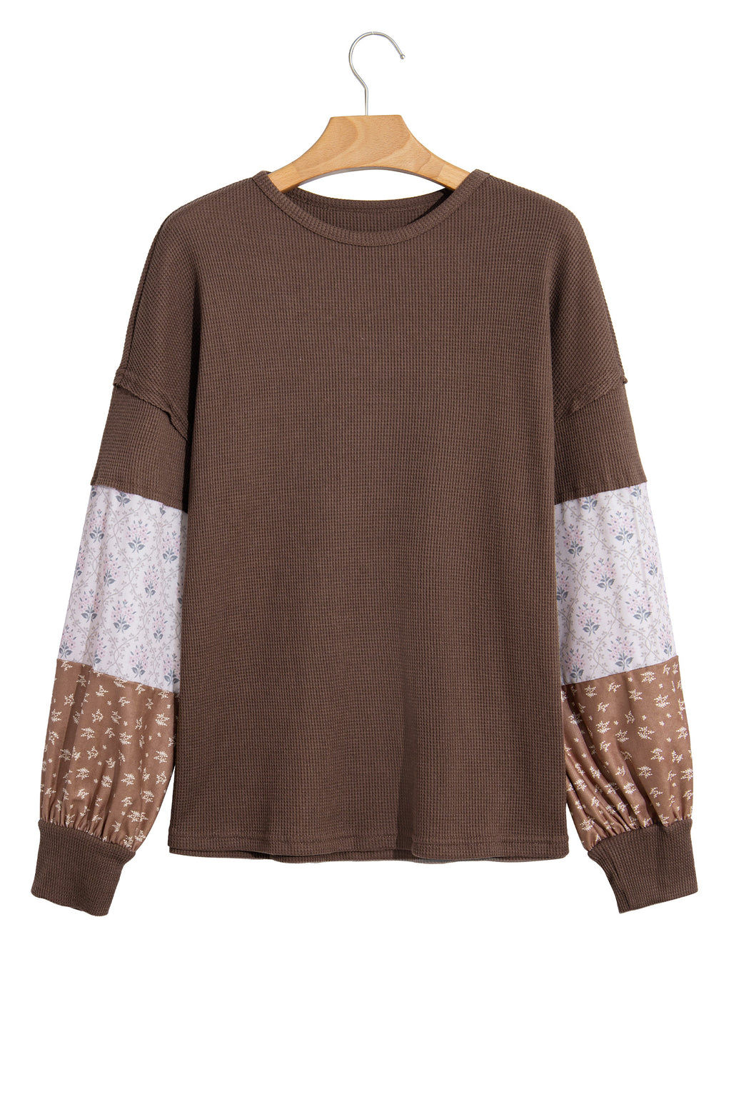 Coffee Floral Print Colorblock Long Sleeve Textured Loose Pullover Tunic Top