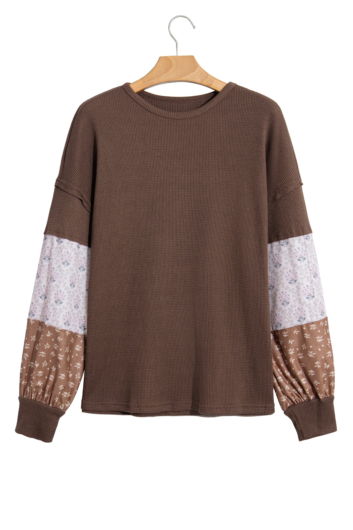 Coffee Floral Print Colorblock Long Sleeve Textured Loose Pullover Tunic Top