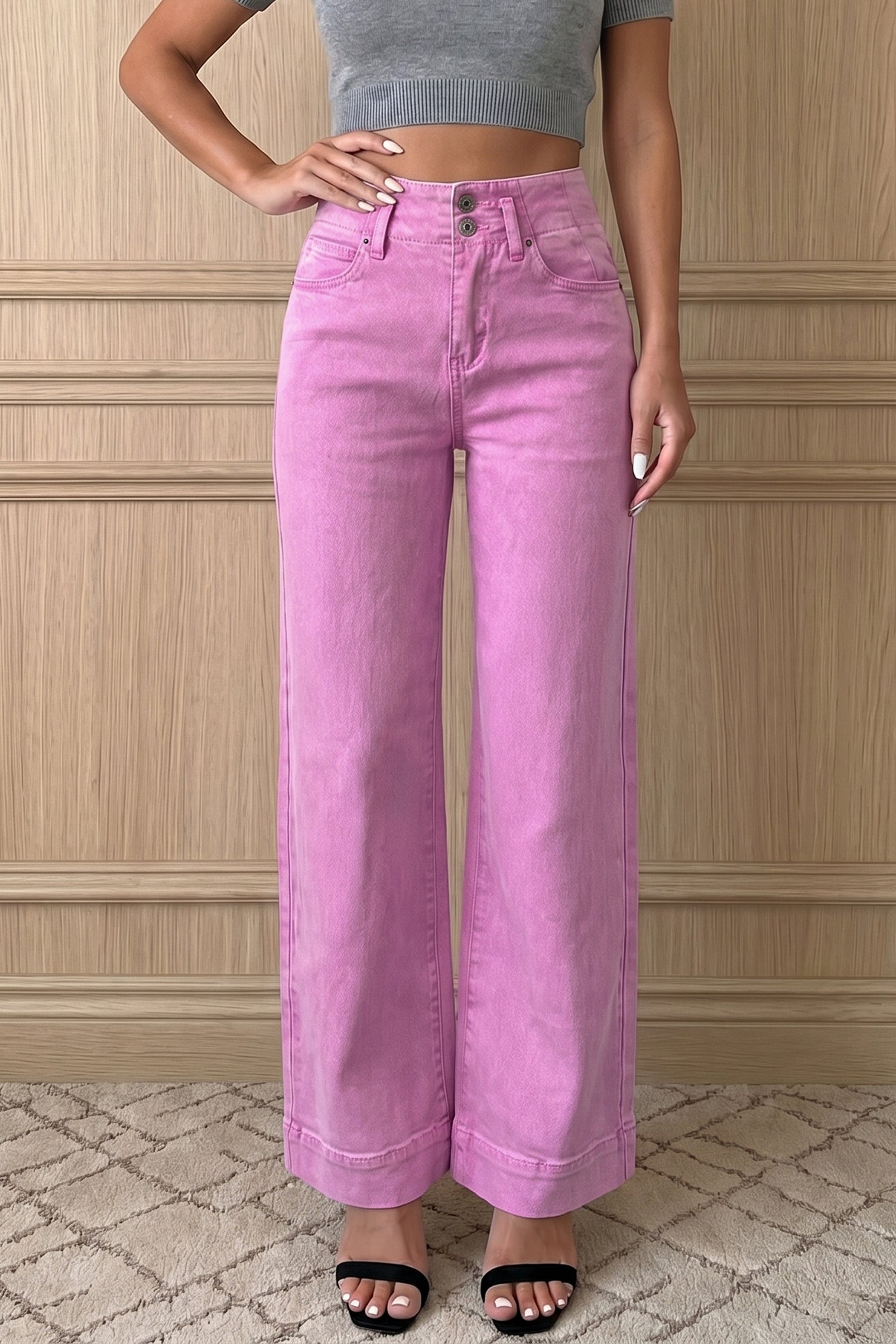 Mist Green 2-Button High Waist Wide Leg Jeans