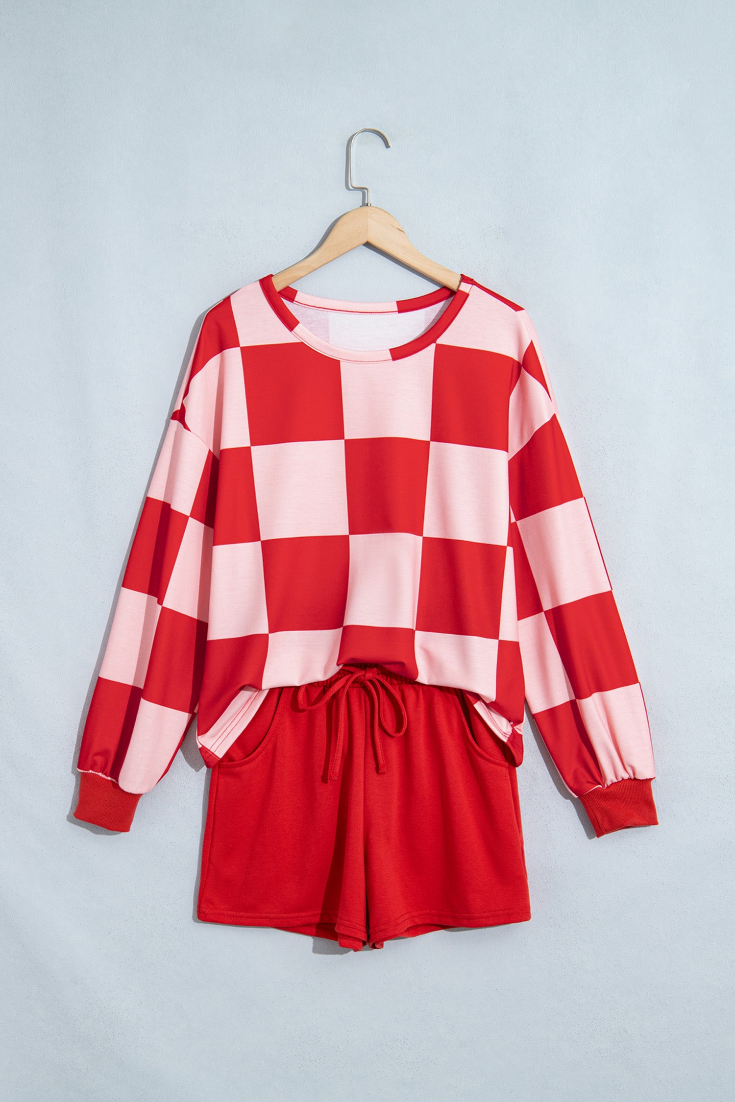 Khaki Checkerboard Plaid Long Sleeve Solid Color Shorts 2pcs Set