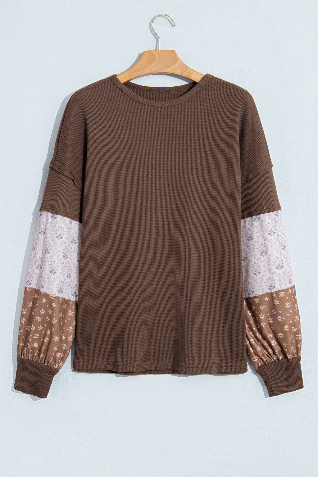 Coffee Floral Print Colorblock Long Sleeve Textured Loose Pullover Tunic Top