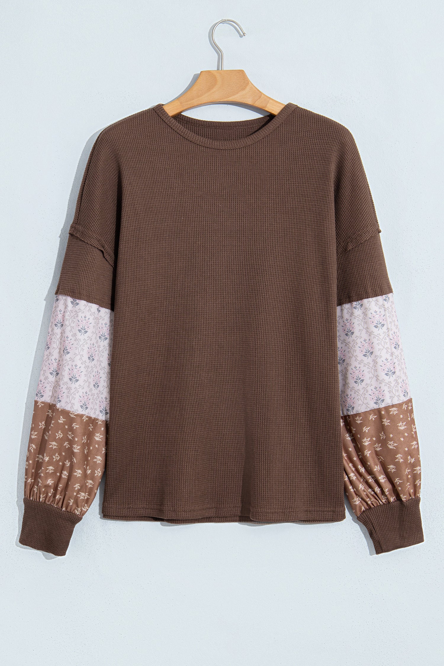 Coffee Floral Print Colorblock Long Sleeve Textured Loose Pullover Tunic Top