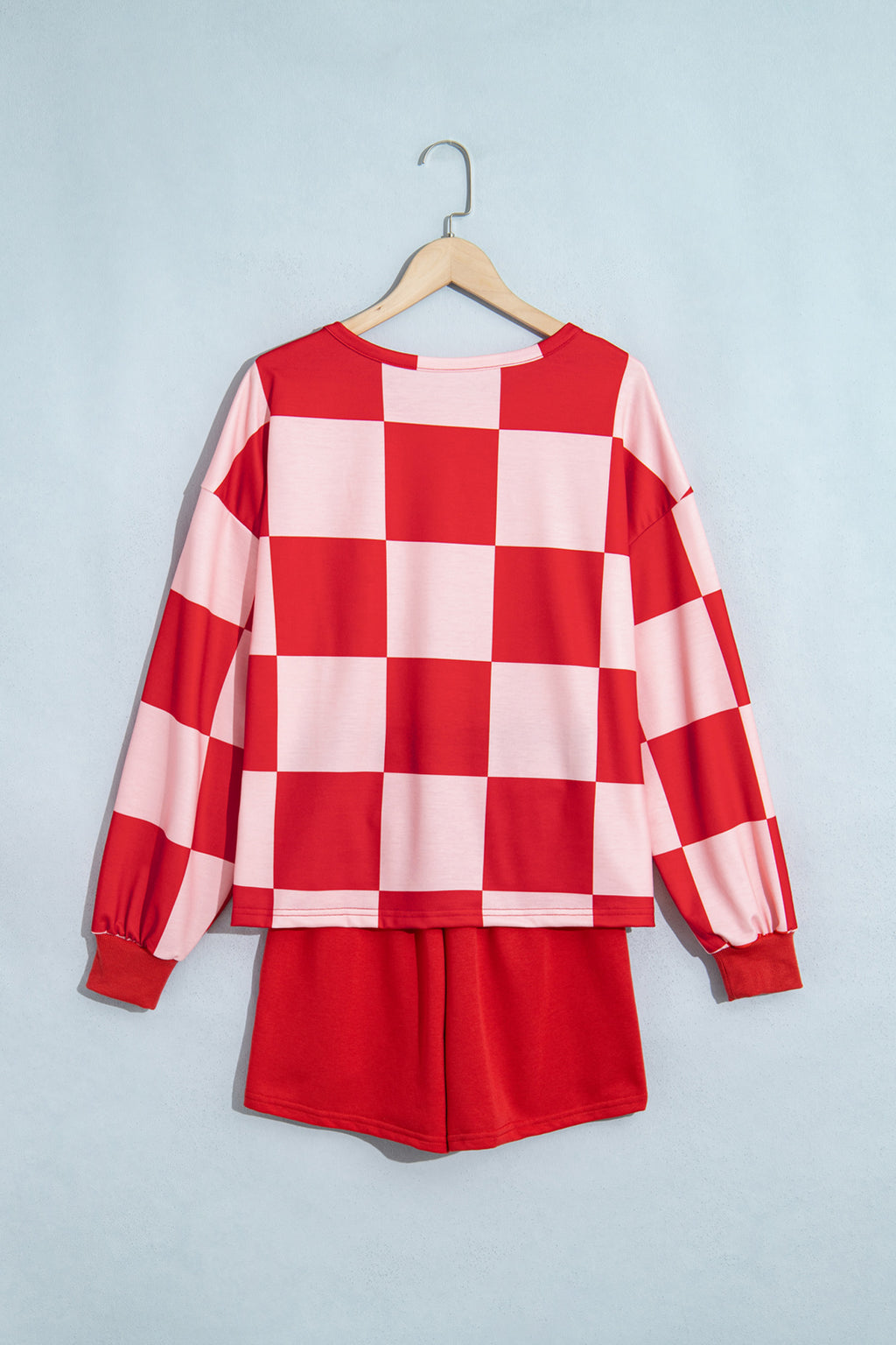 Khaki Checkerboard Plaid Long Sleeve Solid Color Shorts 2pcs Set
