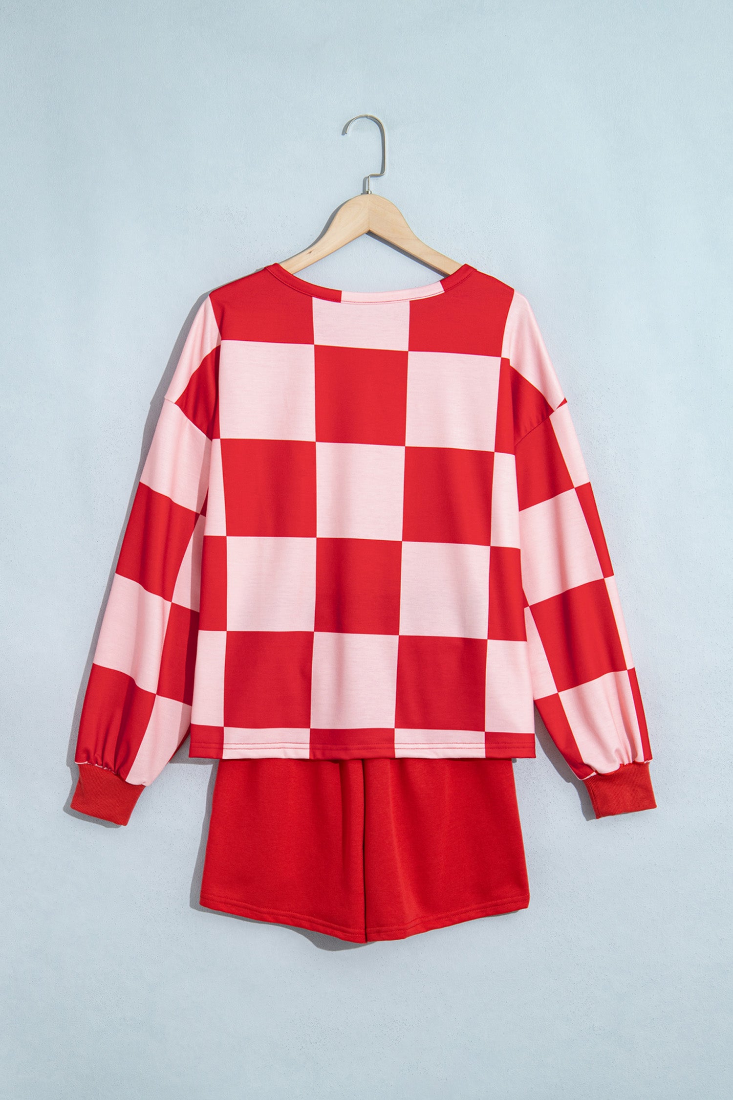 Khaki Checkerboard Plaid Long Sleeve Solid Color Shorts 2pcs Set