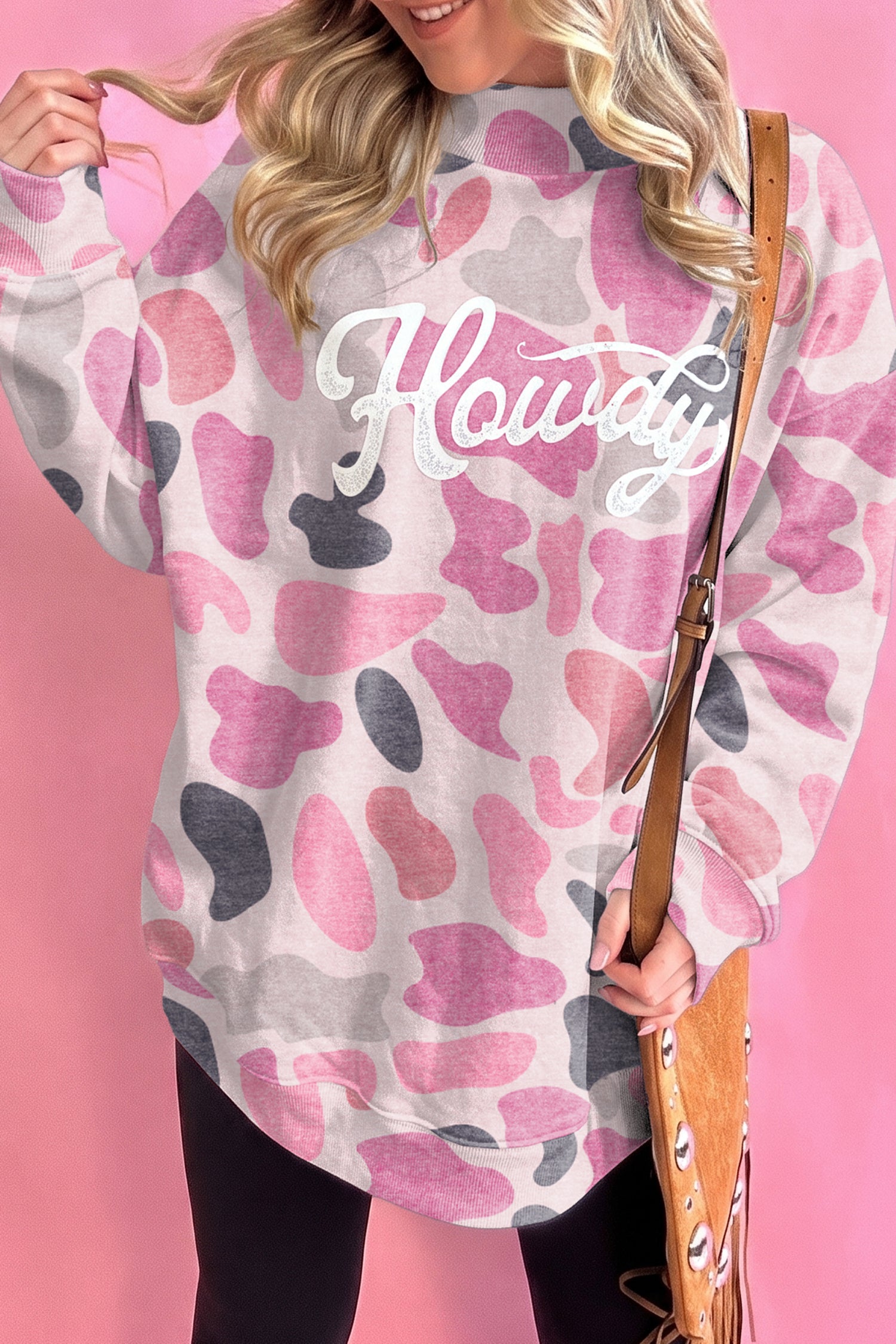 Multicolour Camo Print Howdy Western Style Baggy Pullover Sweatshirt