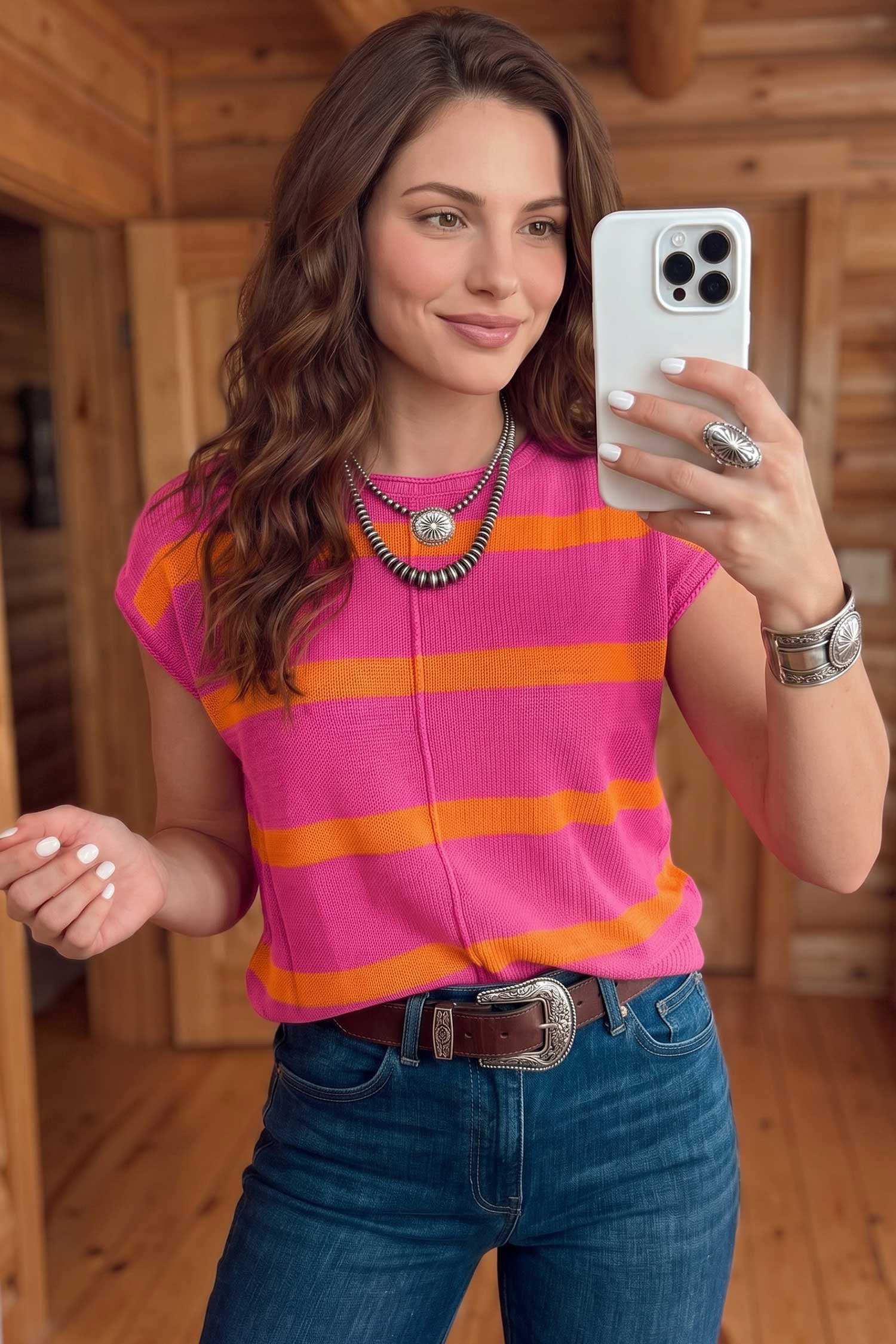 Brown Stripe Knit Western Short Sleeve Sweater