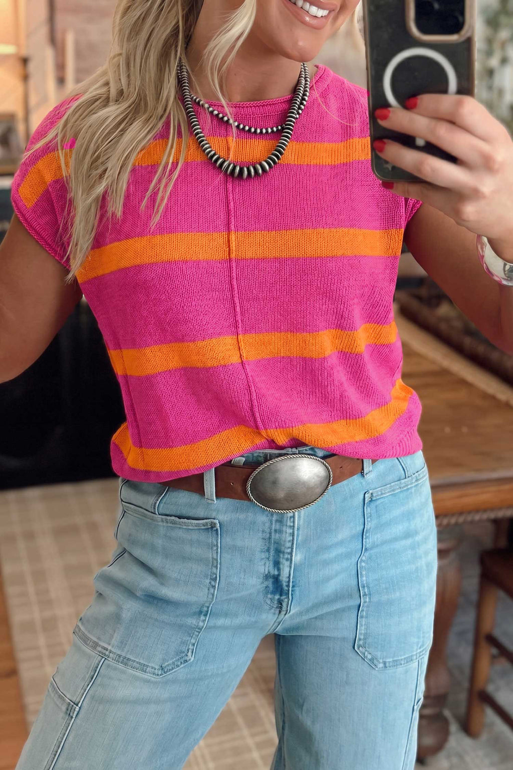 Brown Stripe Knit Western Short Sleeve Sweater