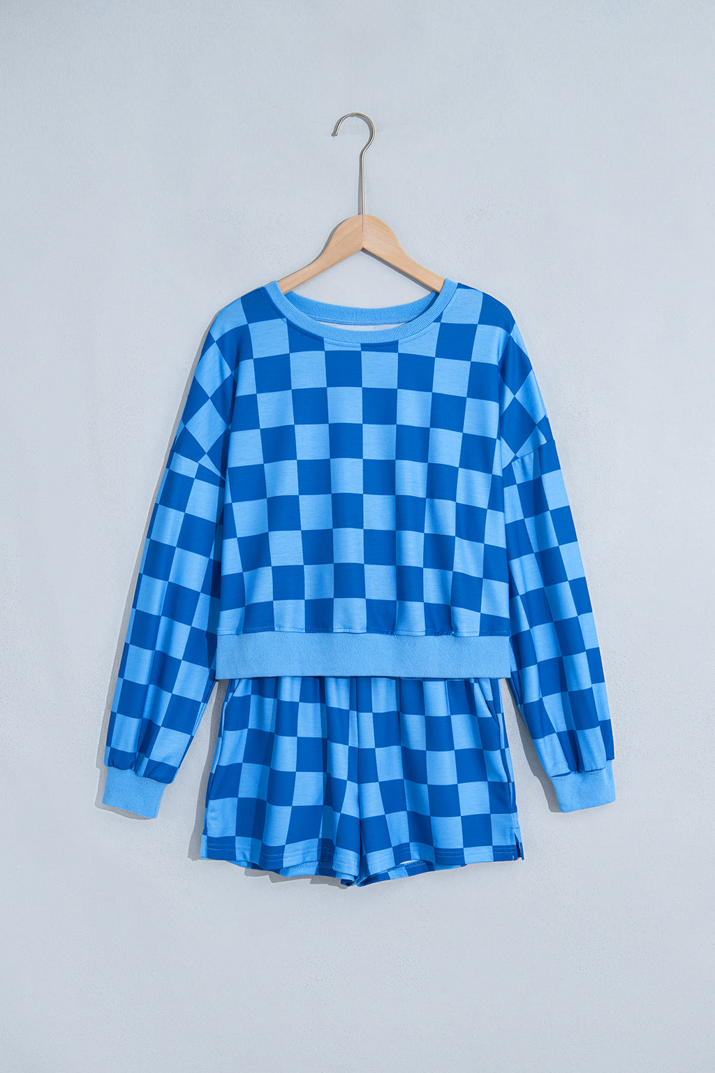Pink Plaid Checkered Long Sleeve Crop Top Elastic Waist Shorts Two Piece Set