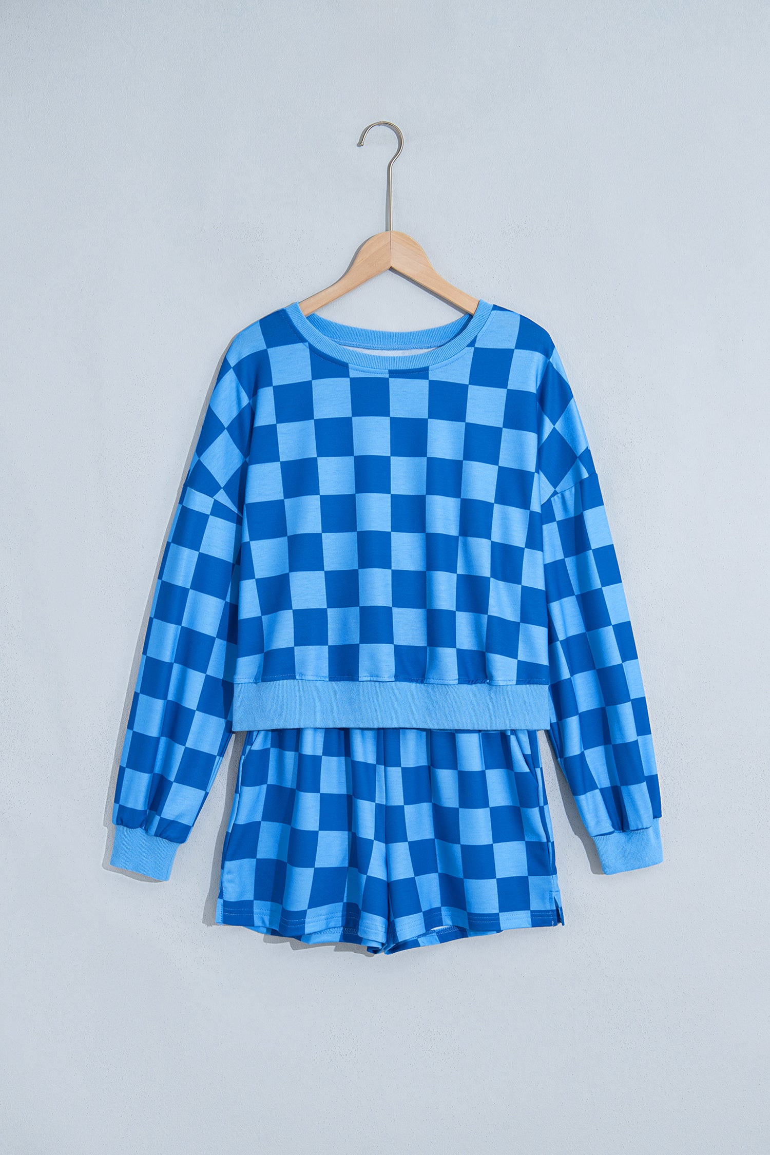 Pink Plaid Checkered Long Sleeve Crop Top Elastic Waist Shorts Two Piece Set