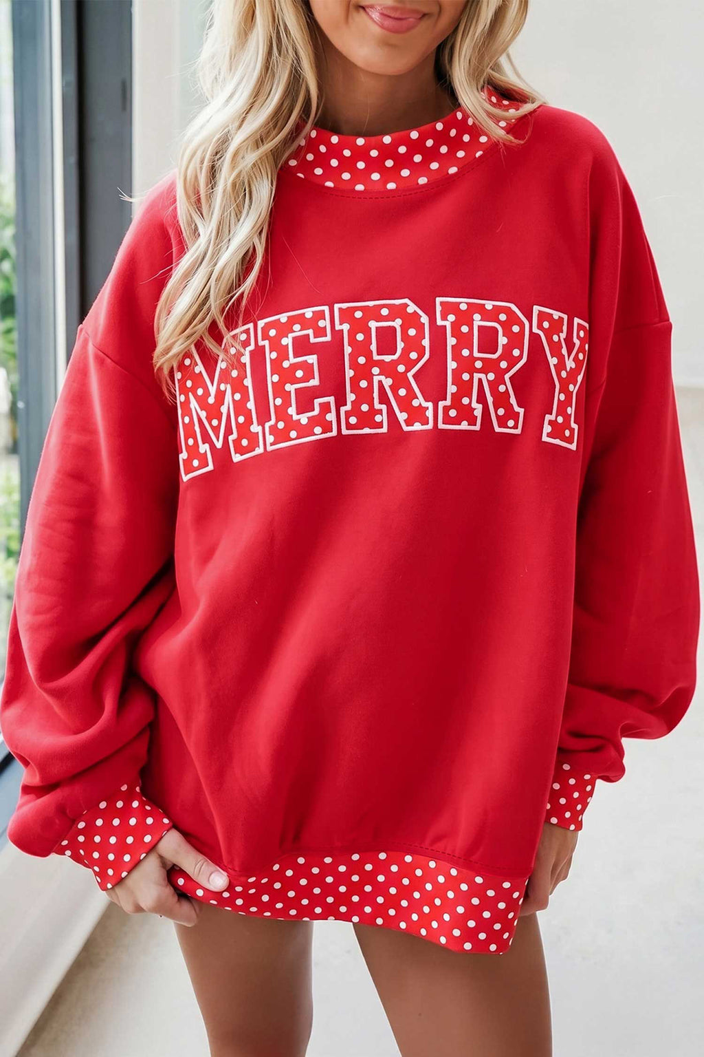 Grapefruit Orange Polka Dot Letter Print Contrast Trim Mock Neck Sweatshirt