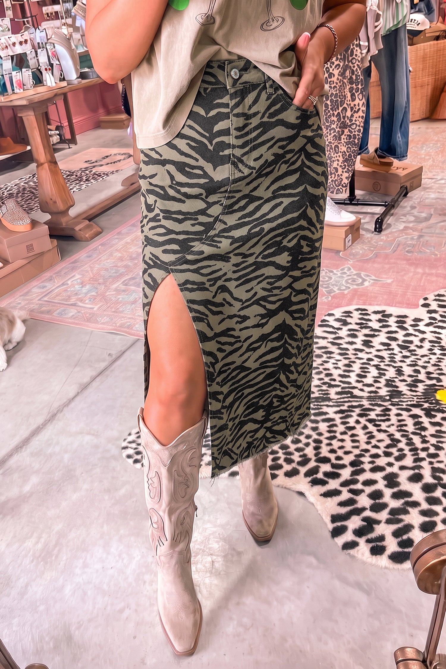 Brown Leopard Print Frayed Edge Denim Skirt Long Casual Daily Wear