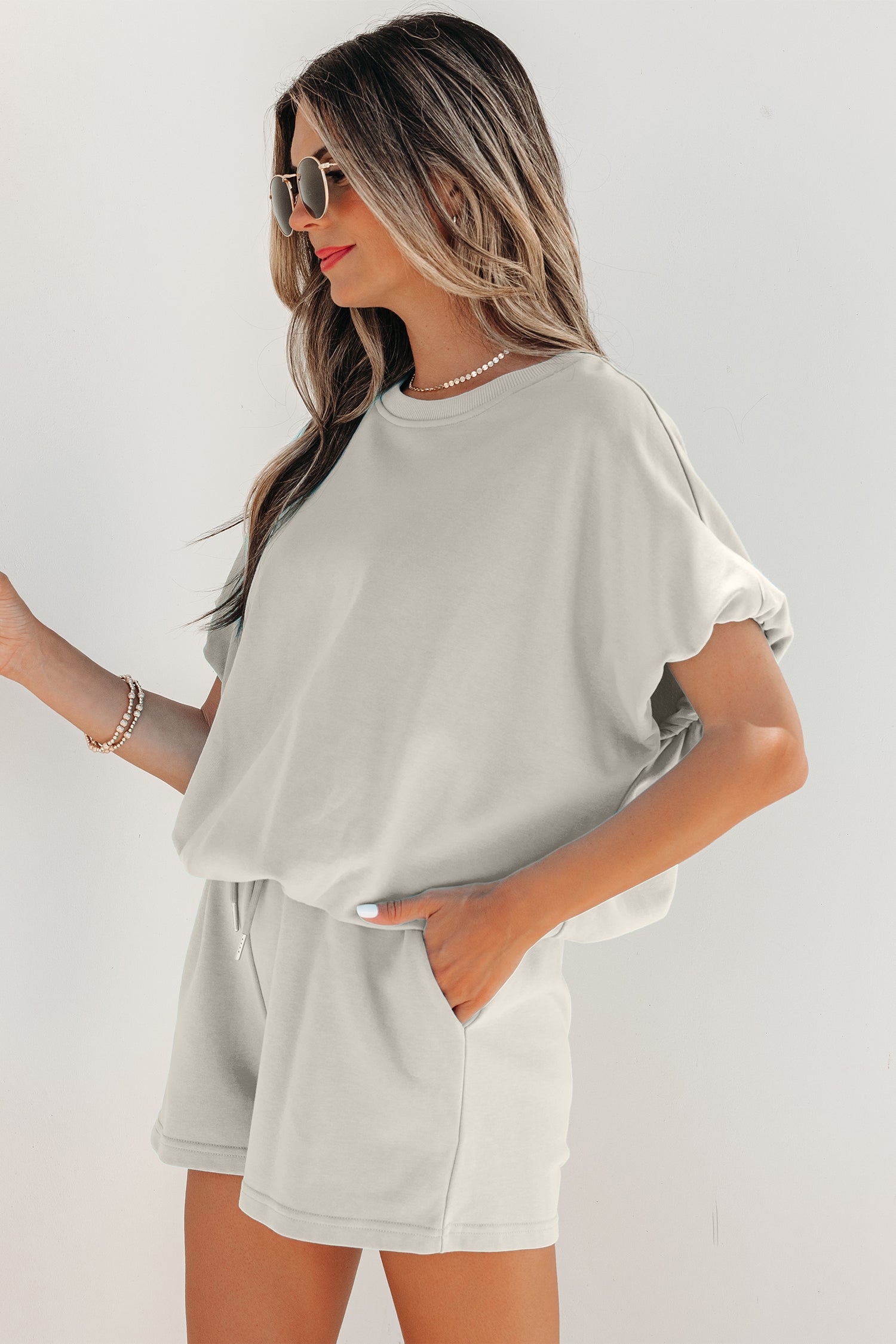 Light Blue Solid Color Puffy Loose Top Drawstring Shorts 2pcs Outfit